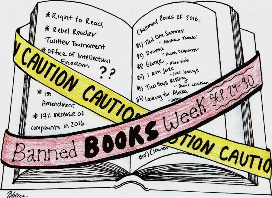 Hand-drawn infographic depicting the purpose of Banned Books Week